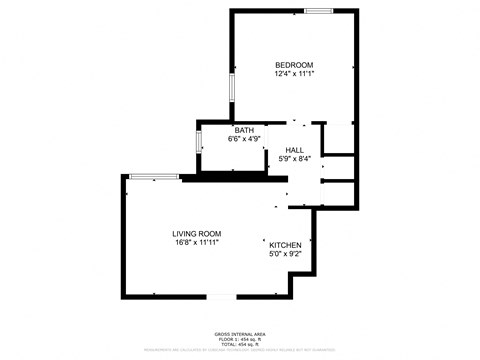 Floor plan for 1 bed, 1.1 baths, 500 sqft